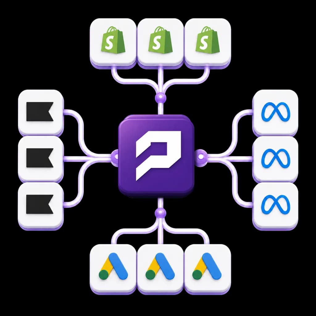 Multiple storefront, email, social advertising, and search advertising accounts connected independently to PopMCP